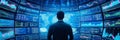 Global Market Analysis and Data Visualization A businessman stands before a wall of monitors displaying global market data Royalty Free Stock Photo