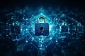 Global net security and blockchain network concept with digital blue padlocks in hexagonal grid on dark background with Royalty Free Stock Photo