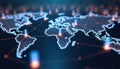 Global network of blockchain nodes. World map shows peer-to-peer connections. Decentralized data distribution illustrated with