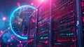 Global network concept with hardware computer server data center and hologram globe. Generative AI Royalty Free Stock Photo