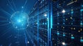 Global network concept with hardware computer server data center and hologram globe. Generative AI Royalty Free Stock Photo
