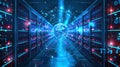 Global network concept with hardware computer server data center and hologram globe. Generative AI Royalty Free Stock Photo