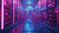 Global network concept with hardware computer server data center and hologram globe. Generative AI Royalty Free Stock Photo