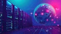 Global network concept with hardware computer server data center and hologram globe. Generative AI Royalty Free Stock Photo