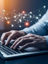 Global Network Connection and Data Exchange: Businessman Working on Laptop with Internet Technology Grid Royalty Free Stock Photo