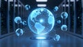 Global network connection with earth planet hologram in server room digital world technology communication and data transfer Royalty Free Stock Photo