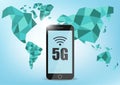 Global network connection 5G internet high speed rate. World point line worldwide information technology data exchange business.