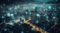 Global network connection over night cityscape. 3D rendering double exposure generative ai