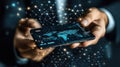 Global network connection, smartphone, hands, office, digital world Royalty Free Stock Photo