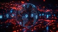 Global network connections digital globe visualization cybersecurity icons. Secure network tech. Global protection system.