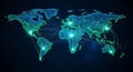 Global Network Connections: Digital World Map with Glowing Nodes and Lines Royalty Free Stock Photo