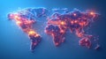 Global network connections: illuminated world map with digital nodes