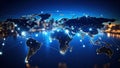 Global network connections over a world map with city lights in the background Royalty Free Stock Photo