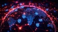 Global network connections visualizing cybersecurity icons. Digital globe shows secure global tech system. Network connections,