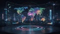 Global Network Connectivity on Futuristic Holographic World Map Display with Data Analytics Interface Royalty Free Stock Photo