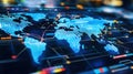 Global network data visualization, digital map, city lights background, futuristic technology