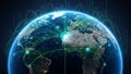 Global network of digital connections spanning across the Earth at night with glowing lines and binary code Keywords Royalty Free Stock Photo