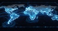 Global network of glowing blue lights connecting continents across a dark world map representing digital communication and data Royalty Free Stock Photo