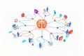 Global network of human connection and information flow centered on a brain Royalty Free Stock Photo