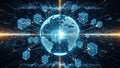 Global network of interconnected digital cubes and lines representing blockchain technology and data transfer across Royalty Free Stock Photo