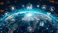 Global network of interconnected digital representing technology and services spread across the Earth at night Royalty Free Stock Photo