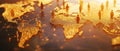 Global network with interconnected people on a golden world map