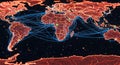 Global network of interconnected shipping routes visualized across a glowing world map at night Royalty Free Stock Photo
