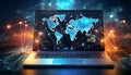 Global network, laptop, interconnected data points, world map overlay, digital collaboration