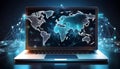 Global network, laptop, interconnected data points, world map overlay, digital collaboration