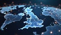 Global network map UK connections. Advanced tech design shows UK location with illuminated dots representing global communication