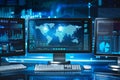 Global network monitoring system displays data analytics charts and graphs on multiple computer screens showing worldwide data Royalty Free Stock Photo