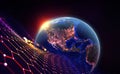 Global network in orbit of planet earth. View from space at night city and sunrise Royalty Free Stock Photo