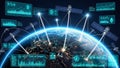 Global Network of Satellites Orbiting Earth Transmitting Data with Futuristic Digital Interface Overlays Keywords Royalty Free Stock Photo
