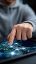 Global network on tablet with finger touching screen showing interconnected cities and data communication visualized Royalty Free Stock Photo