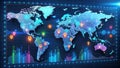Global network visualization data points and interconnections on a digital world map displaying statistical charts. Generative AI Royalty Free Stock Photo