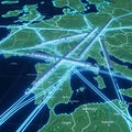 Global network visualization of europe s interconnected transportation and communication routes Royalty Free Stock Photo