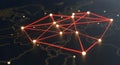 A global network is visualized with glowing red lines connecting illuminated points across world map representing communication Royalty Free Stock Photo