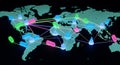 Global network connections shown on a world map with glowing nodes and colorful lines Royalty Free Stock Photo