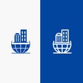 Global Organization, Architecture, Business, Sustainable Line and Glyph Solid icon Blue banner Line and Glyph Solid icon Blue