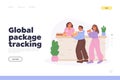 Global package tracking landing page with post office worker and people with boxes at reception
