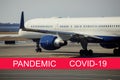 Global pandemic with coronavirus COVID-19 The turbine the aircraft plane is preparing to fly at the airplane on the runway the Royalty Free Stock Photo