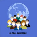 Global pandemic masked people on planet background vector illustration