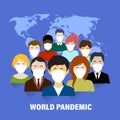 Global pandemic masked people on planet background vector illustration
