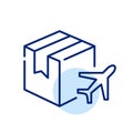 Global parcel delivery. Cardboard box and plane. Pixel perfect icon