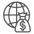 Global payment line icon. Globe and money bag vector illustration isolated on white. World budget outline style design