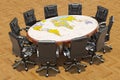 Global political meeting concept. Round table with political map of Earth and armchairs around, 3D rendering