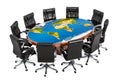 Global political meeting concept. Round table with texture of map Earth and armchairs around, 3D rendering