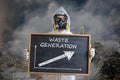 Global pollution concept. Man in gas mask is warning against waste generation.