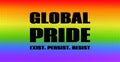 Global pride. Exist, persist, resist. Vector banner for pride month 2020. LGBT flag colors halftone background