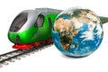 Global Rail Travel concept. High speed train with Earth Globe, 3D rendering